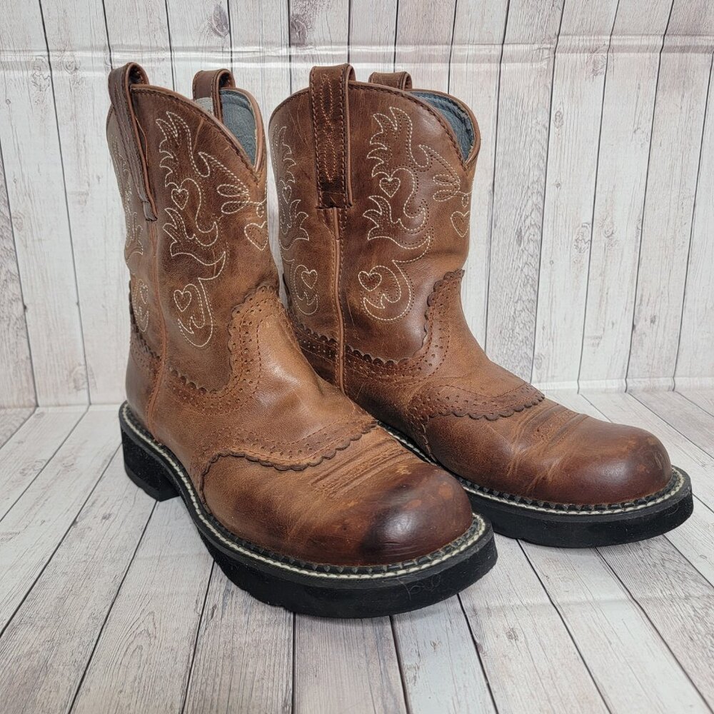 Ariat Fatbaby Distressed Scalloped Brown Leather Western Boot Size 8.5